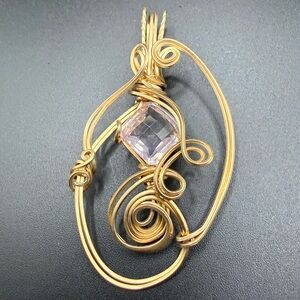 Unique Gold Tone Wire Wrapped Pendant with Pink Gem
